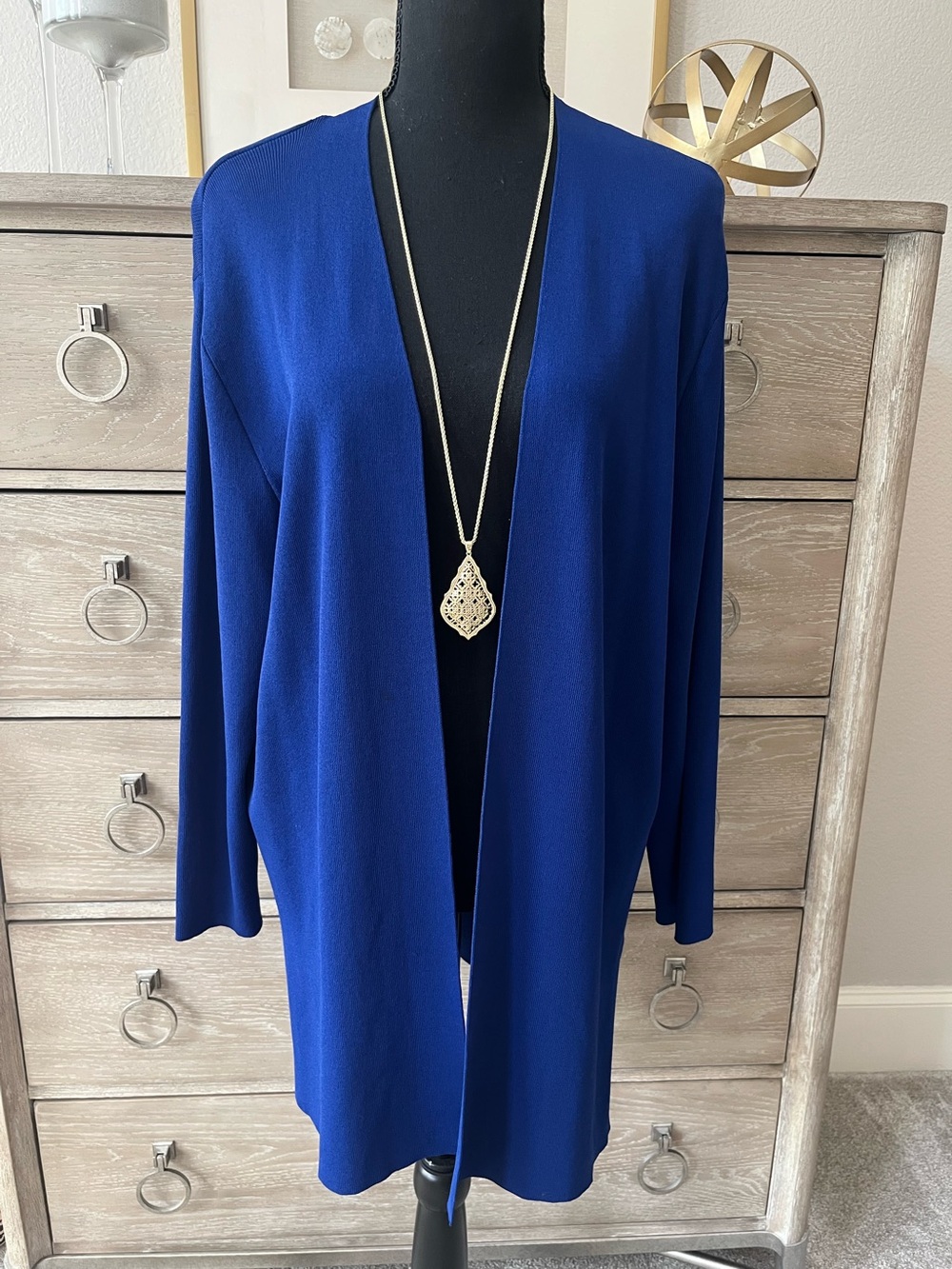 Chicos Royal Blue Open Long Tunic Silky Cardigan Sz 2=12/Large